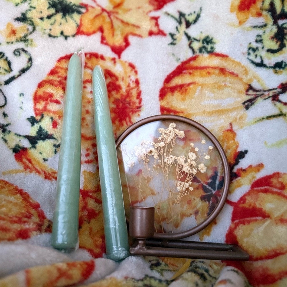 Green Taper Candles with Brown Holder
